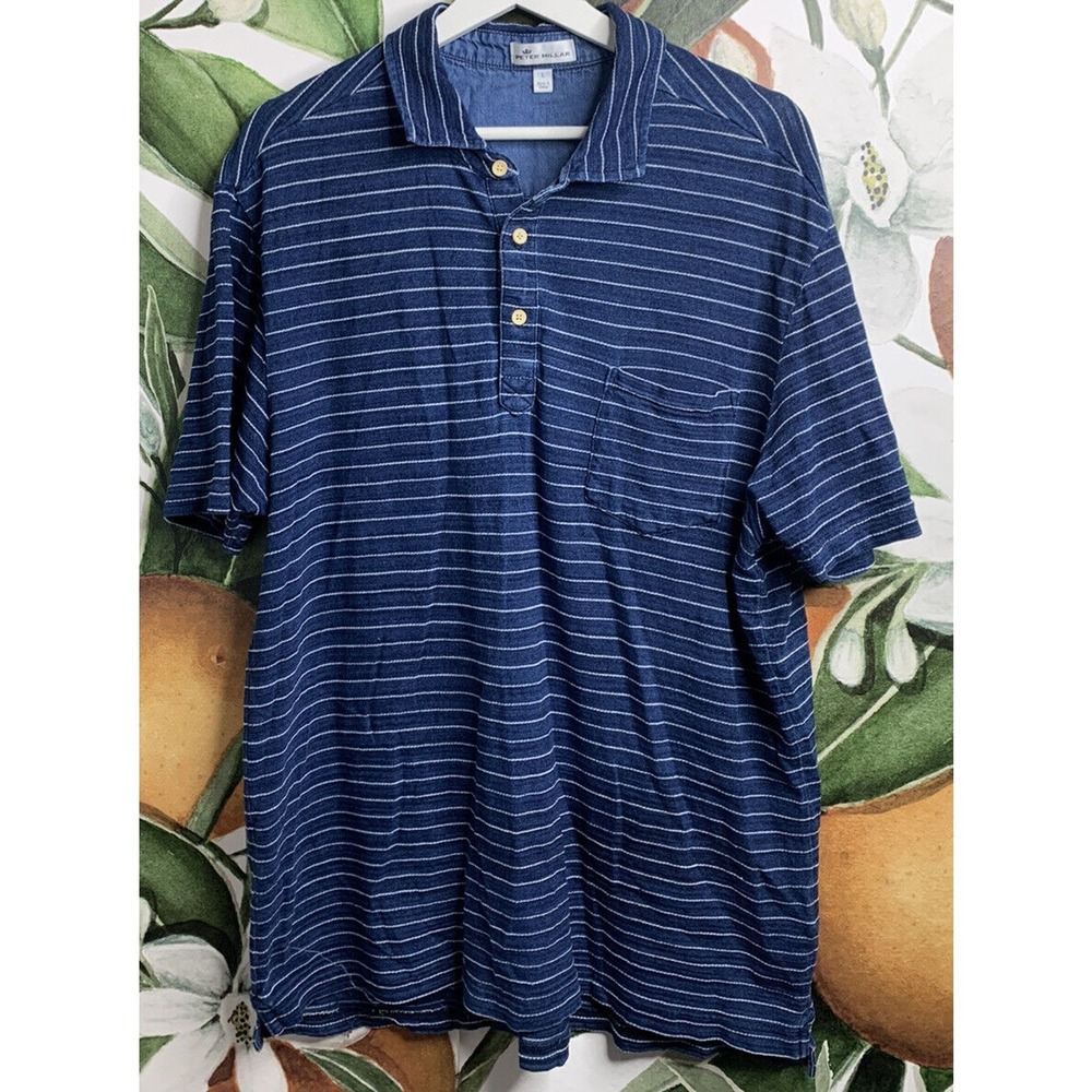 Peter Millar Shirt Large 100% Cotton Striped Blue Short Sleeve Polo Shirt